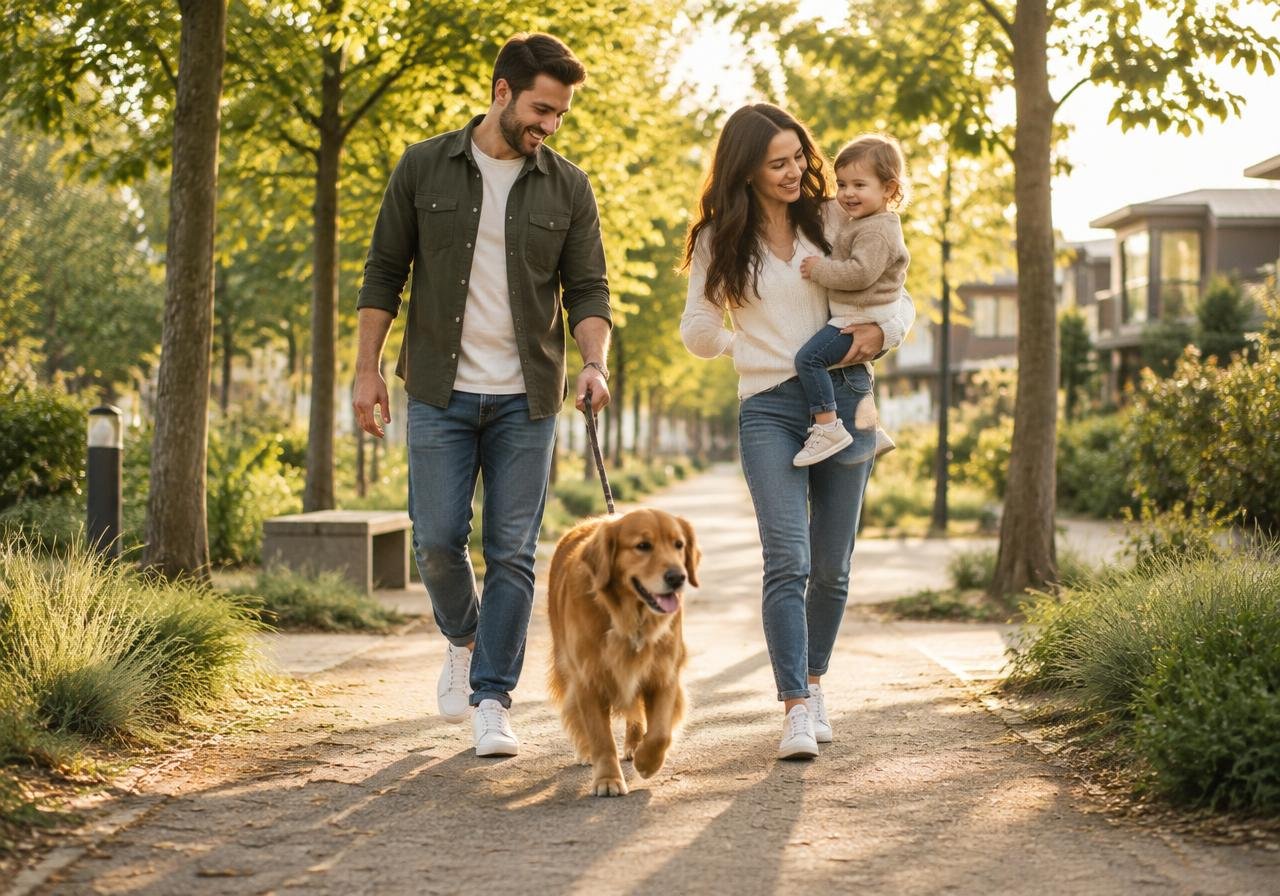 Familia caminando por un parque arbolado