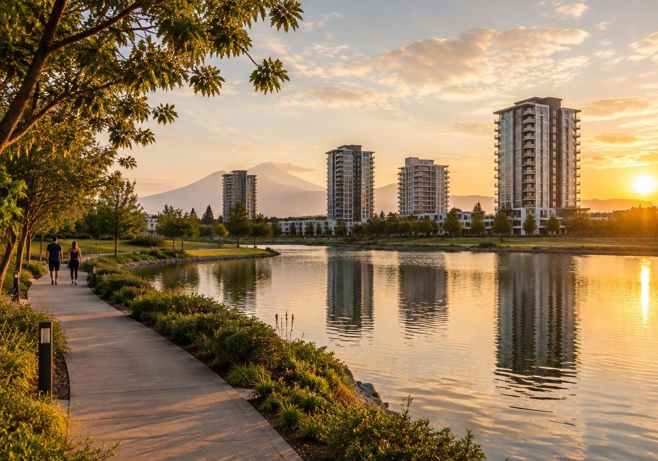 Andador junto a un lago con edificios residenciales al fondo